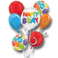 Ramo de globos de fiesta PartyStore con globos de colores, confeti y mensajes de feliz cumpleaños para celebraciones