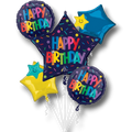 Ramo de globos PartyStore con diseño Happy Birthday, estrellas y confeti en colores vibrantes sobre fondo blanco