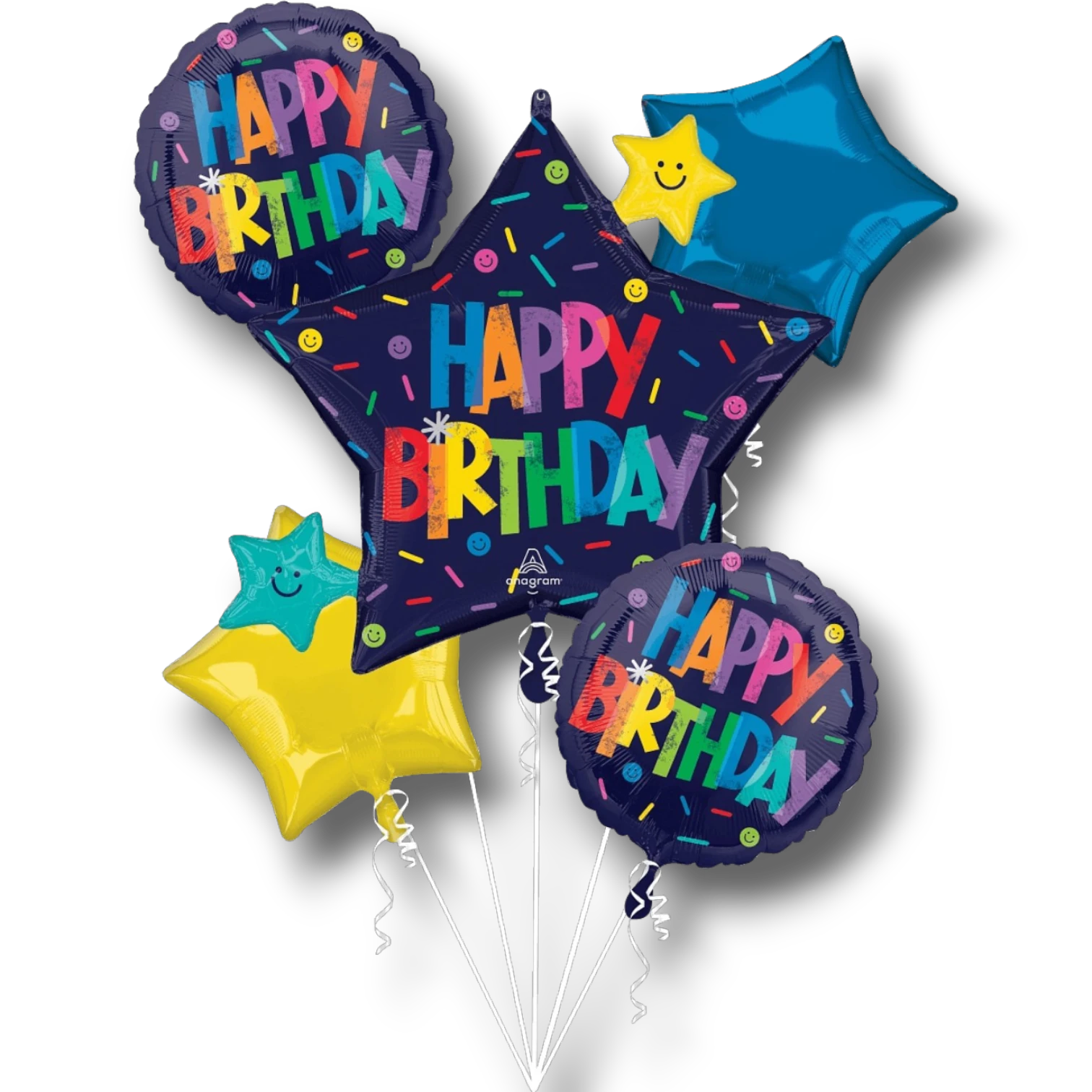 Ramo de globos PartyStore con diseño Happy Birthday, estrellas y confeti en colores vibrantes sobre fondo blanco