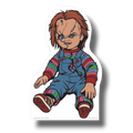 Recorte de cartón de Chucky de PartyStore con su icónico overol azul y suéter a rayas para decoración de Halloween