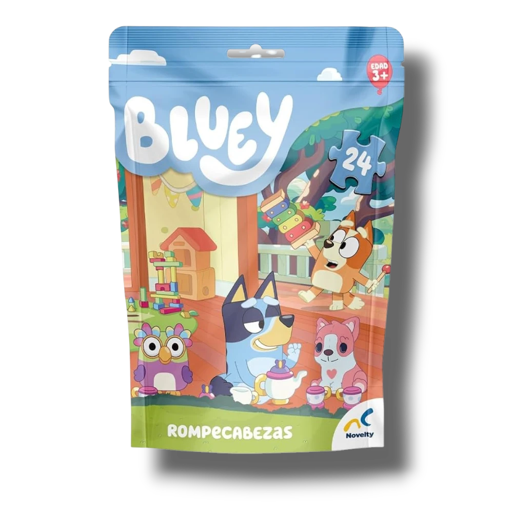 Rompecabezas Bluey de 24 piezas en empaque de PartyStore con personajes de la serie en un jardín