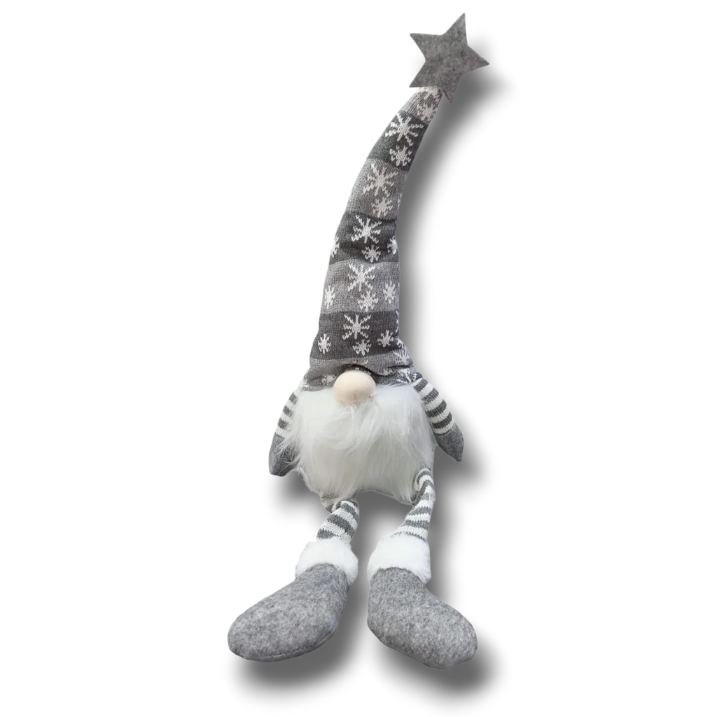 Muñeco de Santa Claus gris de PartyStore con gorro largo de copos de nieve, estrella y piernas largas colgantes