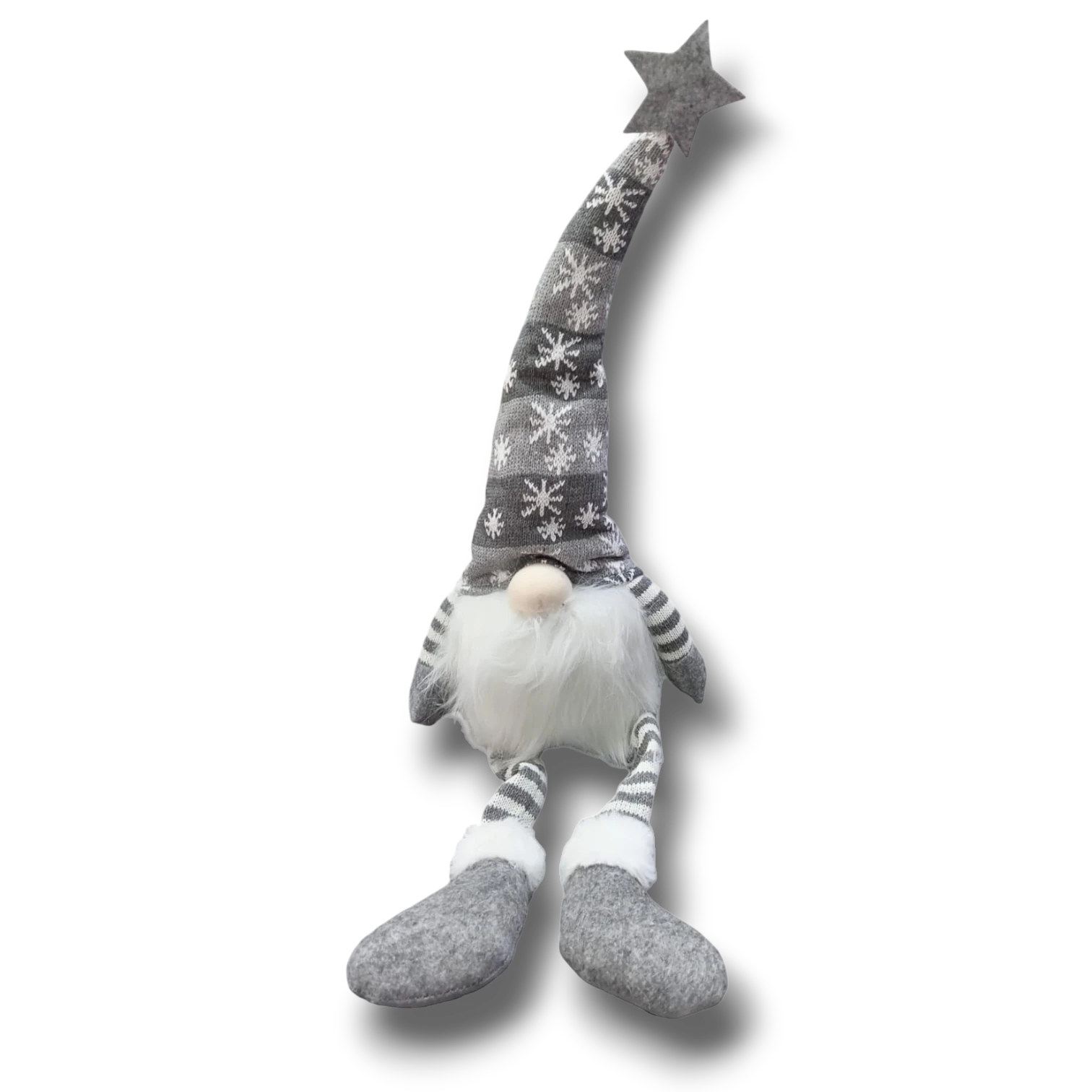 Muñeco de Santa Claus gris de PartyStore con gorro largo de copos de nieve, estrella y piernas largas colgantes