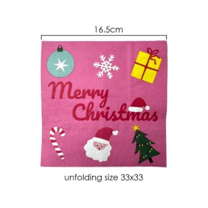 Servilleta PartyStore de papel rosa con diseño navideño de Santa Claus, árbol, regalo y texto Merry Christmas