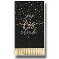 Servilleta rectangular PartyStore negra con estrellas doradas y plateadas y la frase pop fizz clink en letras cursivas