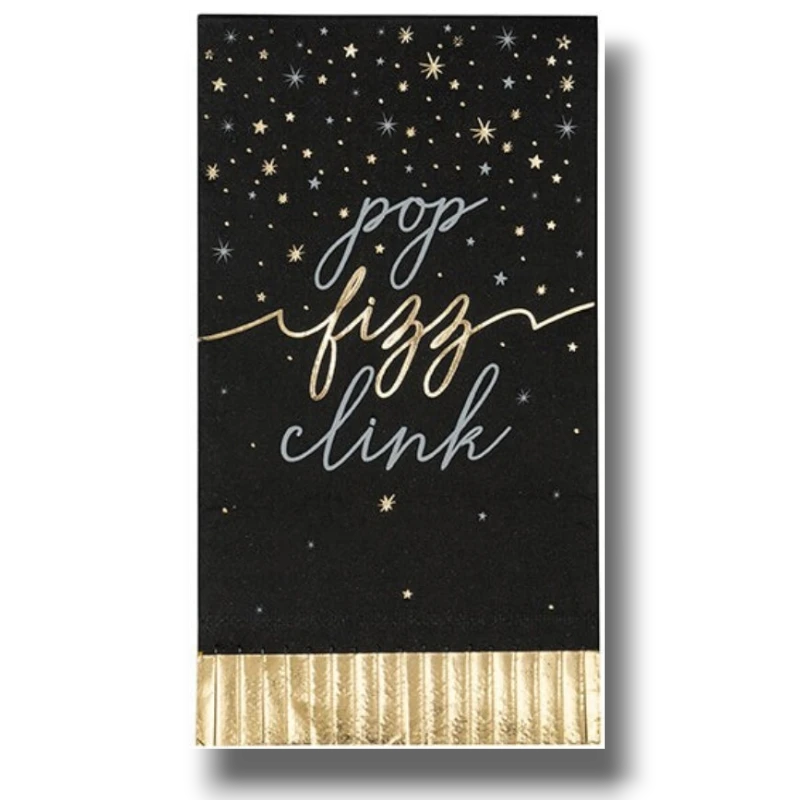 Servilleta rectangular PartyStore negra con estrellas doradas y plateadas y la frase pop fizz clink en letras cursivas