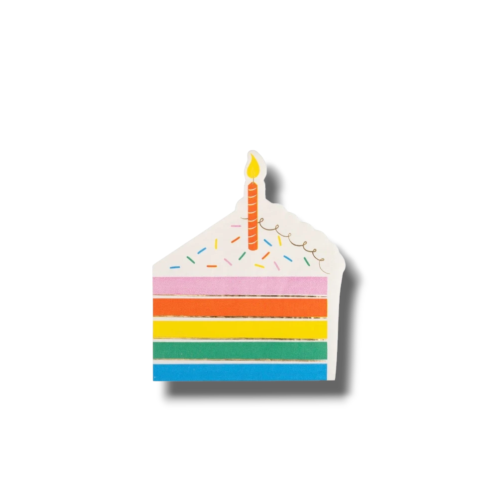Servilleta de papel PartyStore con forma de porción de pastel multicolor, glaseado blanco y vela encendida