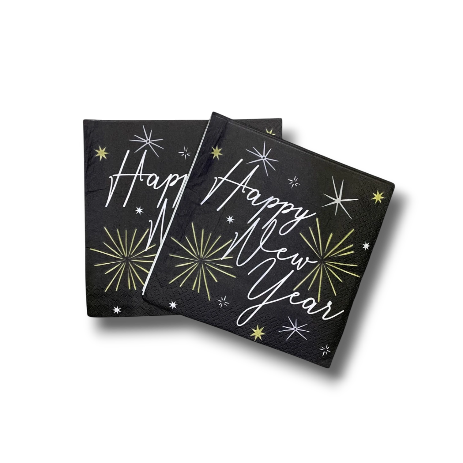 Servilletas PartyStore negras con diseño de fuegos artificiales y texto Happy New Year en blanco y dorado