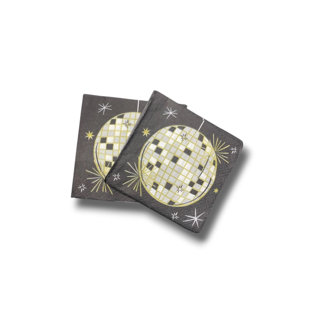 Servilletas de papel PartyStore con diseño de bola de disco plateada y estrellas sobre fondo gris oscuro