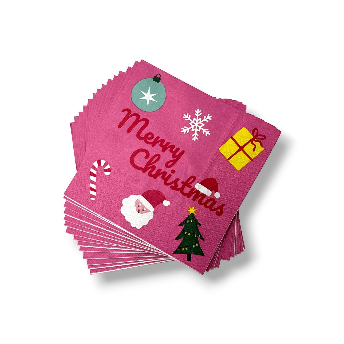 Servilletas PartyStore de papel color rosa con diseño navideño de Santa Claus, árbol, regalo y texto Merry Christmas