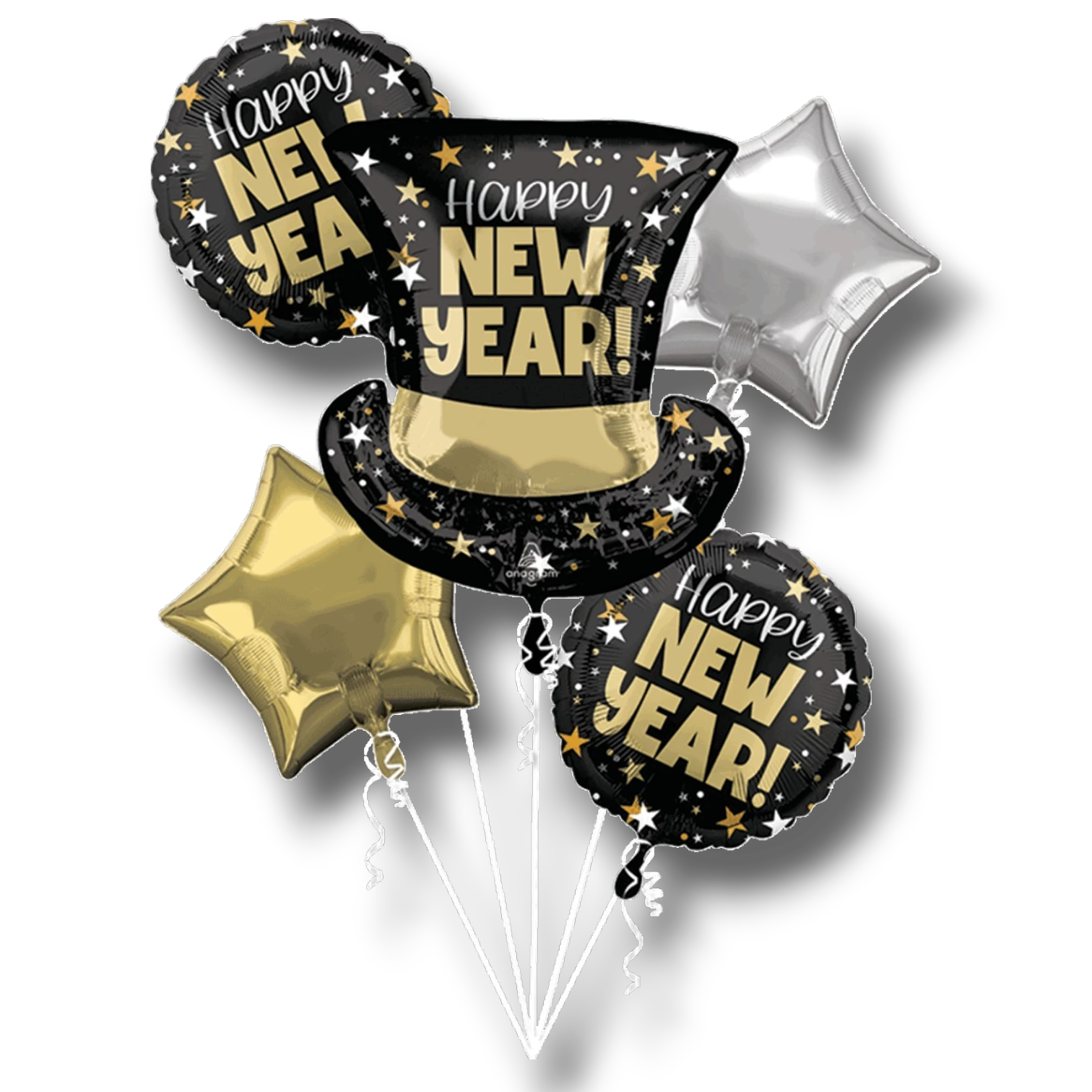 Set de globos PartyStore para Año Nuevo con forma de sombrero de copa, estrellas doradas y plateadas y texto festivo
