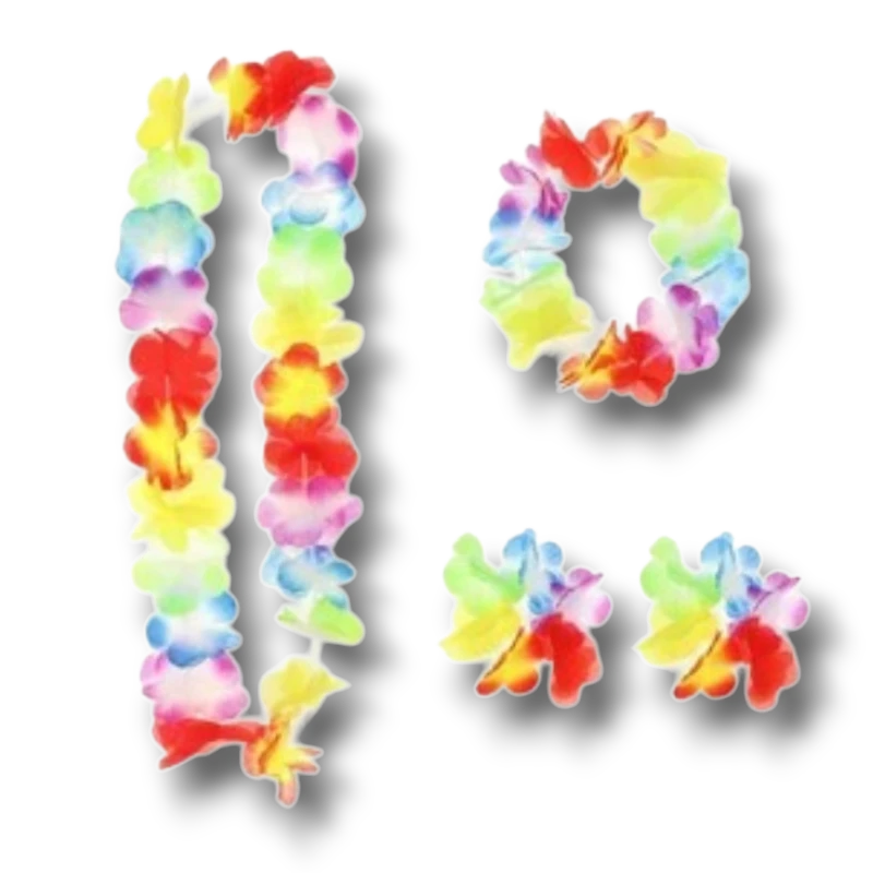 Set Hawaiano PartyStore de 4 piezas con collar, diadema y pulseras de flores multicolores de tela para fiestas