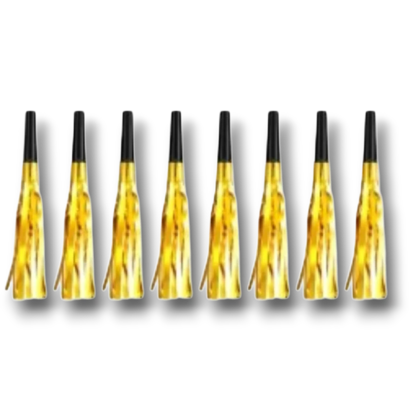 Set de 10 silbatos de fiesta PartyStore en color dorado con flecos metalizados y boquilla negra
