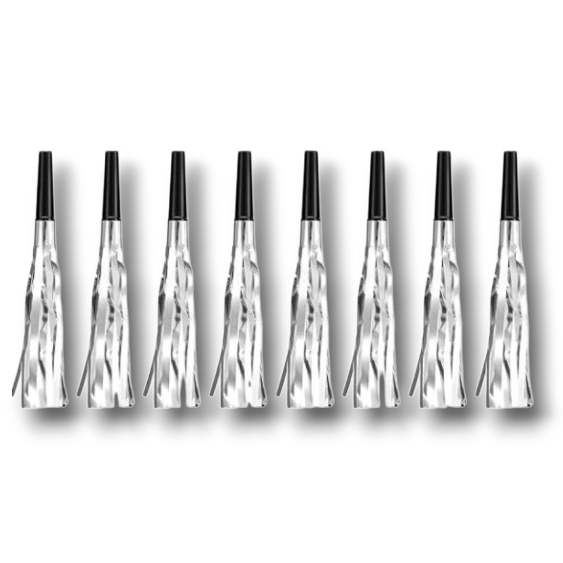 Set de 10 silbatos de fiesta PartyStore color plata con flecos metalizados y boquilla negra