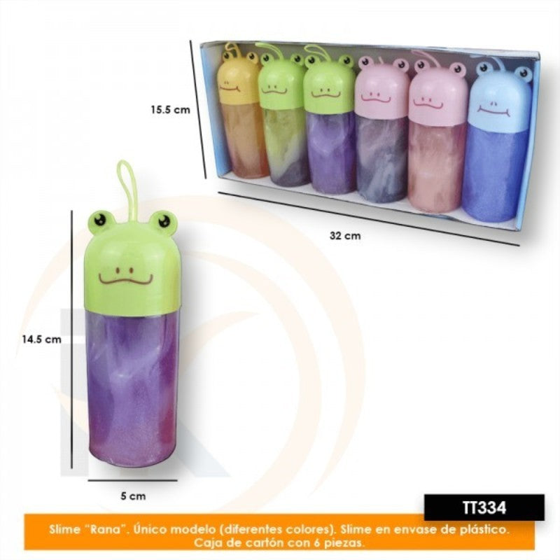 Set de 6 botes de slime PartyStore con tapa en forma de rana de colores variados en envase de plástico transparente