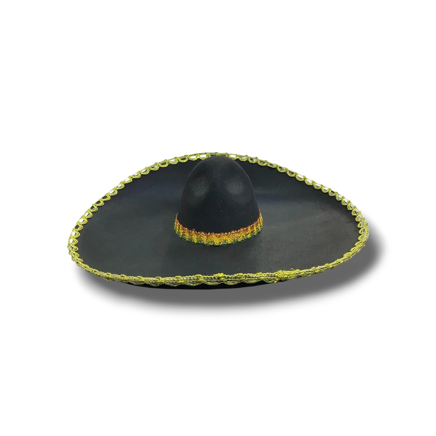 Sombrero charro negro de PartyStore con detalles de bordado dorado y multicolor en el ala y la copa