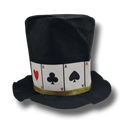 Sombrero de copa negro PartyStore con diseño de cartas de casino y banda dorada para fiestas temáticas