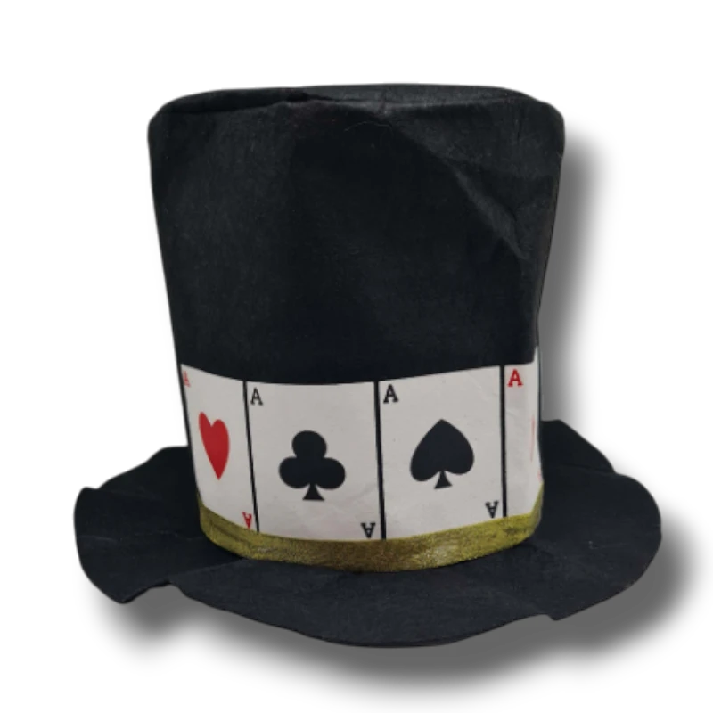 Sombrero de copa negro PartyStore con diseño de cartas de casino y banda dorada para fiestas temáticas