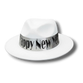 Sombrero fedora blanco de velour PartyStore con banda plateada decorativa de Happy New Year para fiestas