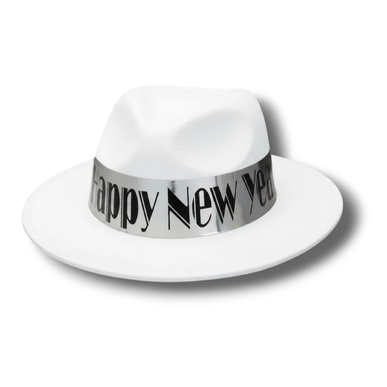 Sombrero fedora blanco de velour PartyStore con banda plateada decorativa de Happy New Year para fiestas