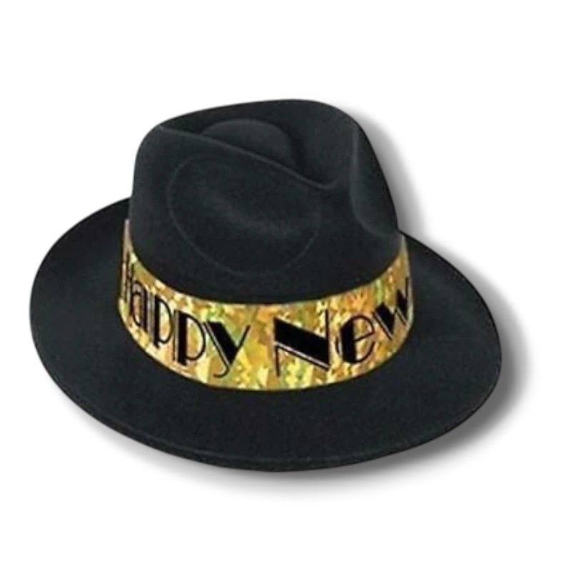 Sombrero Fedora PartyStore de terciopelo negro con banda dorada brillante para Año Nuevo