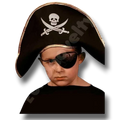 Niño con sombrero pirata de tela negro con calavera y parche en el ojo de PartyStore