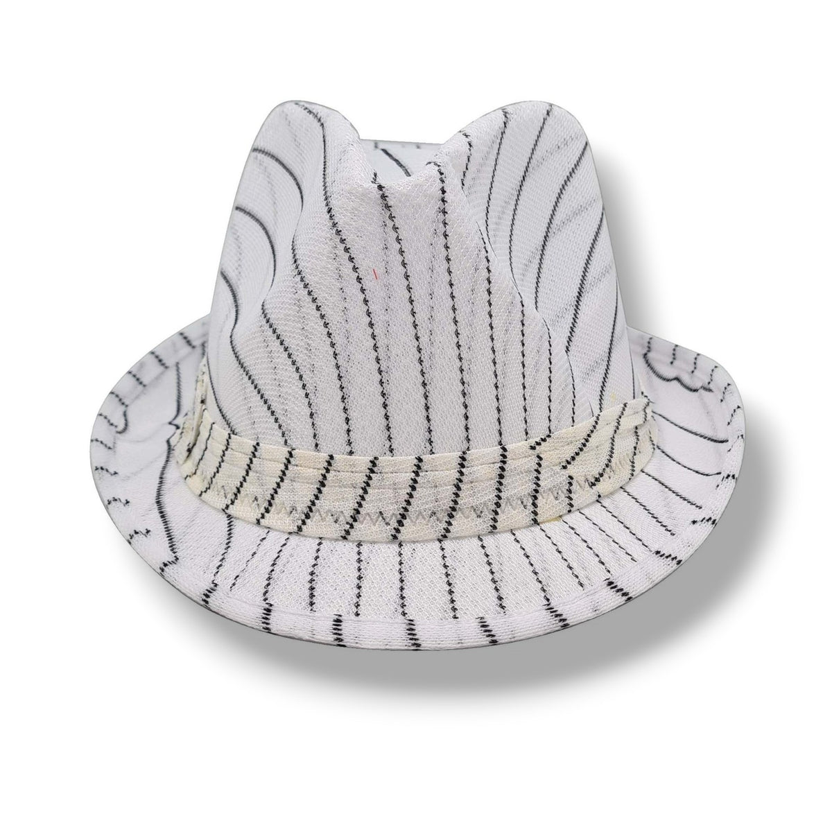 Sombrero fedora de tela blanco con rayas negras verticales y cinta decorativa, estilo casual de PartyStore