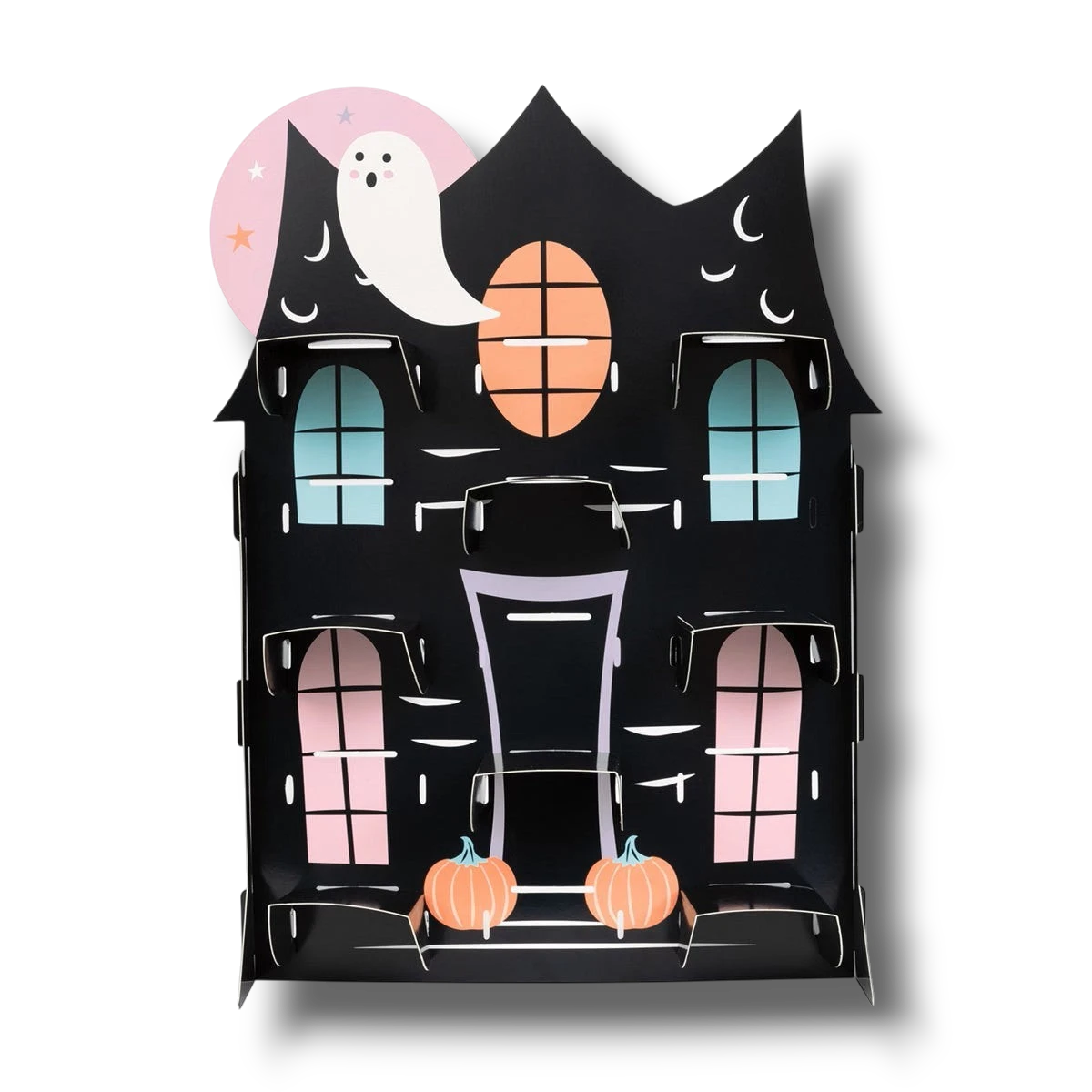 Soporte para cupcakes PartyStore con forma de casa encantada negra, decorada con un fantasma y calabazas de Halloween