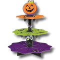 Soporte para cupcakes de tres niveles PartyStore con diseño de Halloween, calabaza, telarañas y colores temáticos.