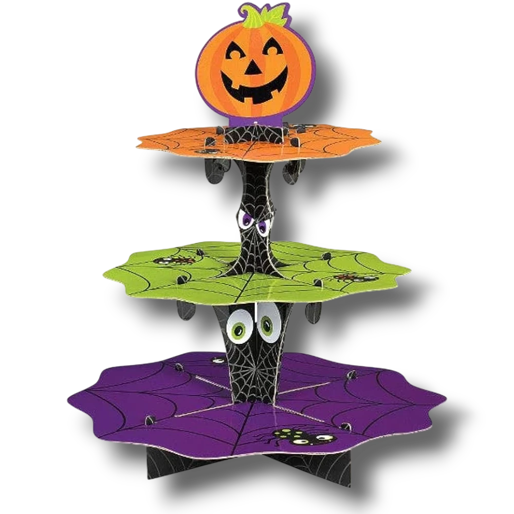 Soporte para cupcakes de tres niveles PartyStore con diseño de Halloween, calabaza, telarañas y colores temáticos.