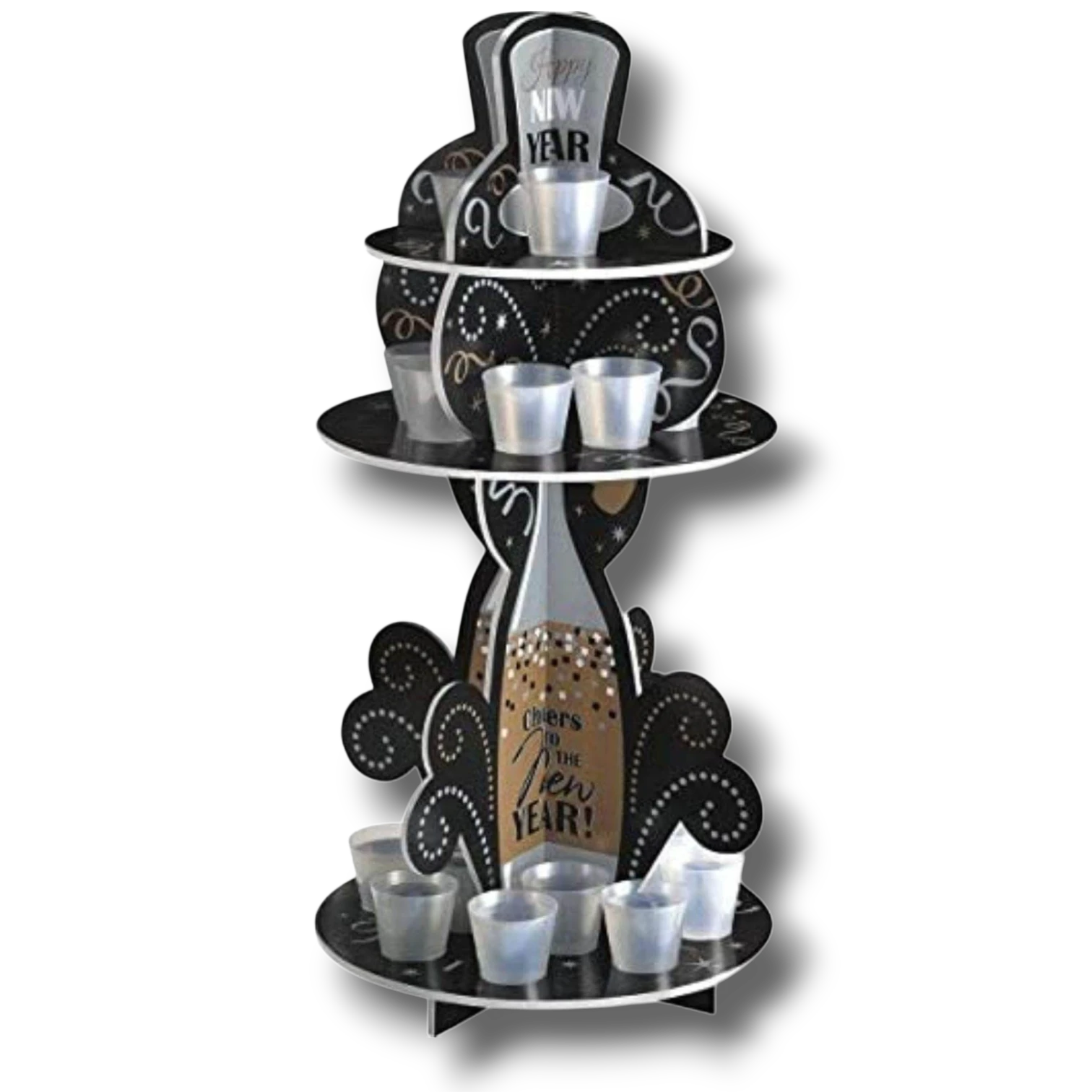 Soporte de cartón PartyStore para vasos de chupito con diseño festivo de Año Nuevo en negro, dorado y plateado