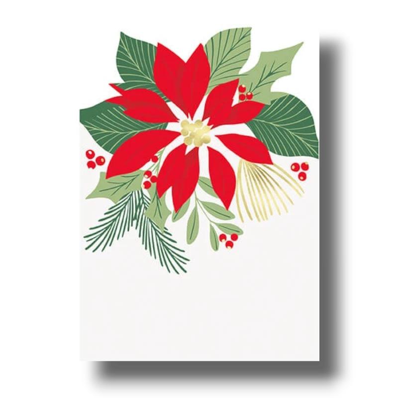 Tarjeta decorativa PartyStore con diseño de flor de Nochebuena roja, hojas verdes y detalles dorados para Navidad