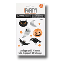 Set de 24 tatuajes temporales PartyStore con diseños de Halloween como gatos, fantasmas, calabazas y murciélagos.