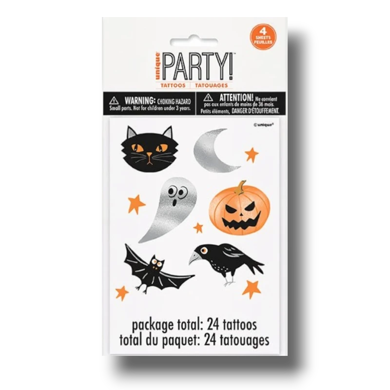 Set de 24 tatuajes temporales PartyStore con diseños de Halloween como gatos, fantasmas, calabazas y murciélagos.