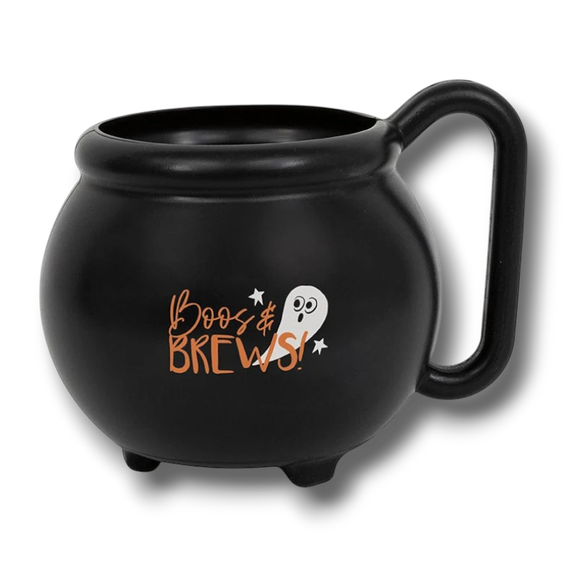 Taza de plástico negra PartyStore con diseño de fantasma y texto Boos & Brews para Halloween