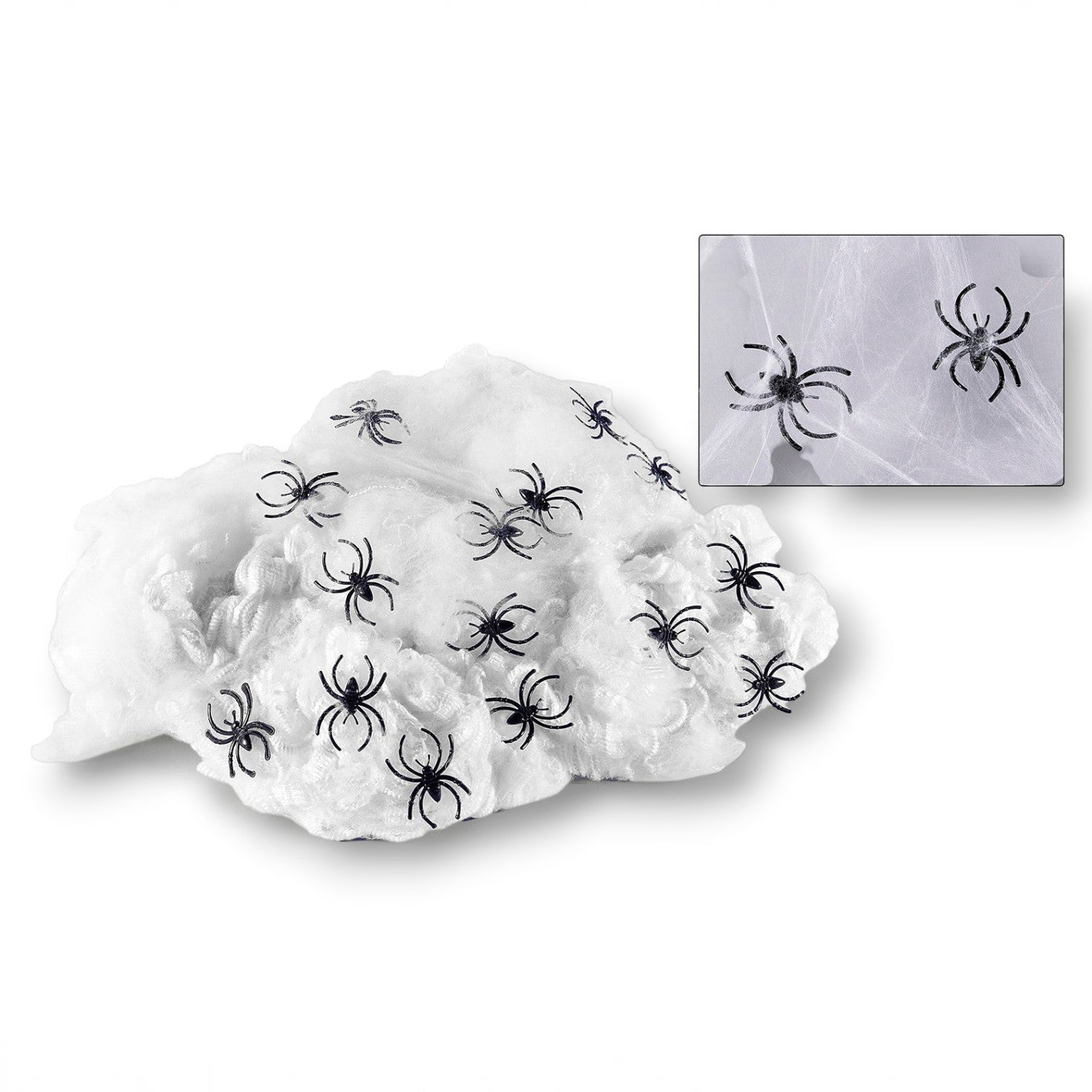 Telaraña artificial blanca PartyStore de 20 gramos con pequeñas arañas negras decorativas para decoración de Halloween