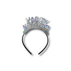Tiara PartyStore de Año Nuevo con letras Happy New Year en acabado plata iridiscente sobre diadema negra
