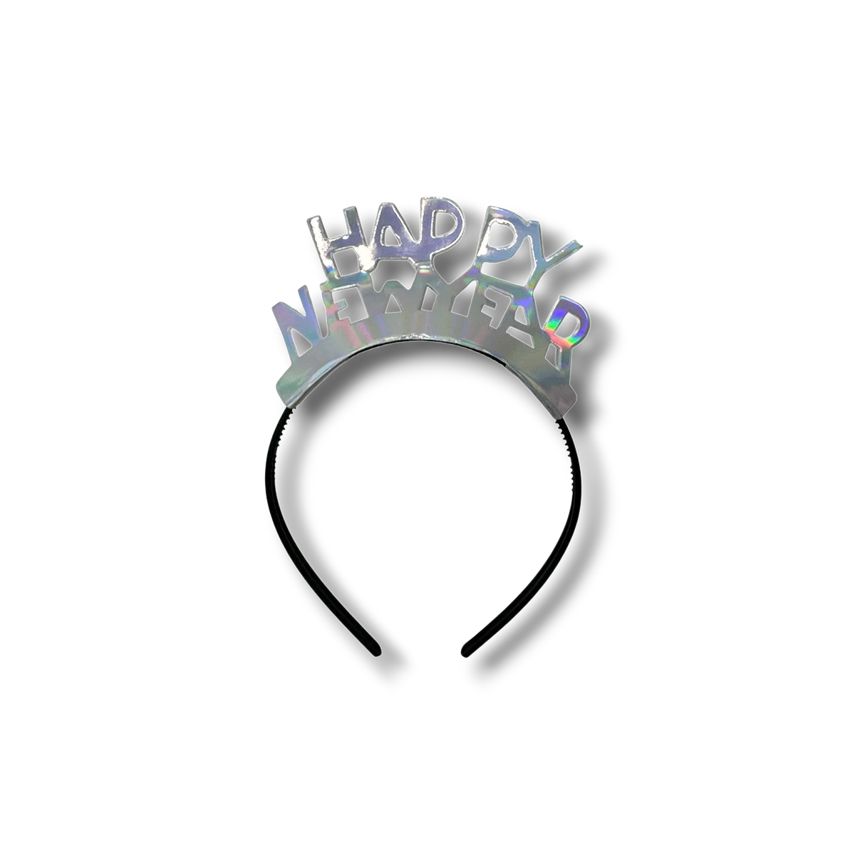 Tiara PartyStore de Año Nuevo con letras Happy New Year en acabado plata iridiscente sobre diadema negra