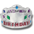Tiara plateada PartyStore con texto It's My Birthday y gemas de colores brillantes para celebraciones de cumpleaños