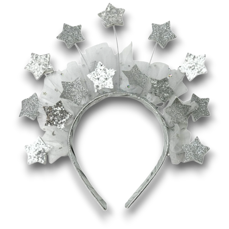 Diadema PartyStore con estrellas plateadas brillantes y detalles de tul blanco para disfraz o fiesta