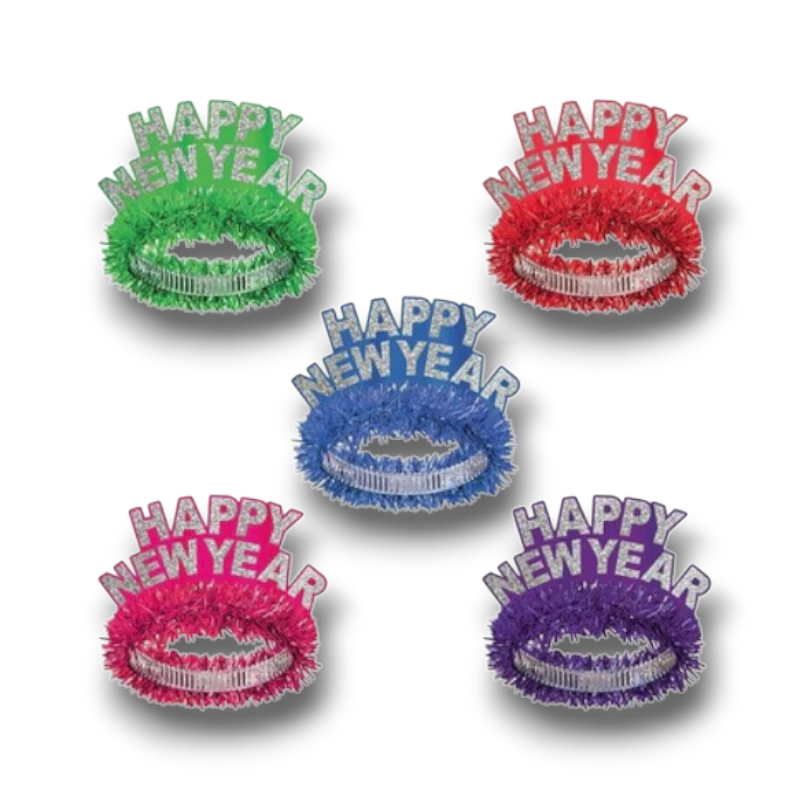 Set de cinco tiaras PartyStore Happy New Year con flecos brillantes en colores verde, rojo, azul, rosa y morado
