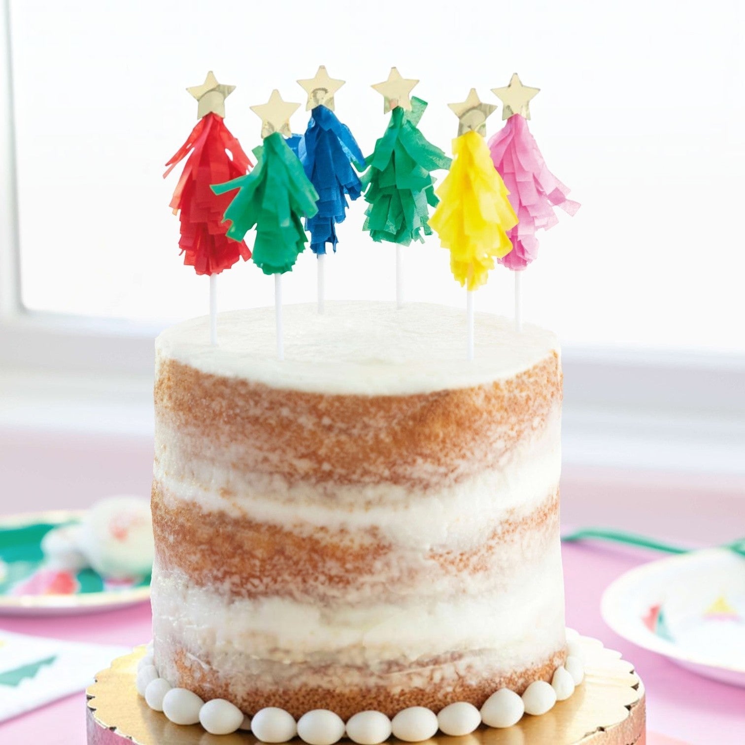 Toppers para tarta PartyStore con forma de árbol de Navidad de papel seda multicolor y estrellas doradas en la punta