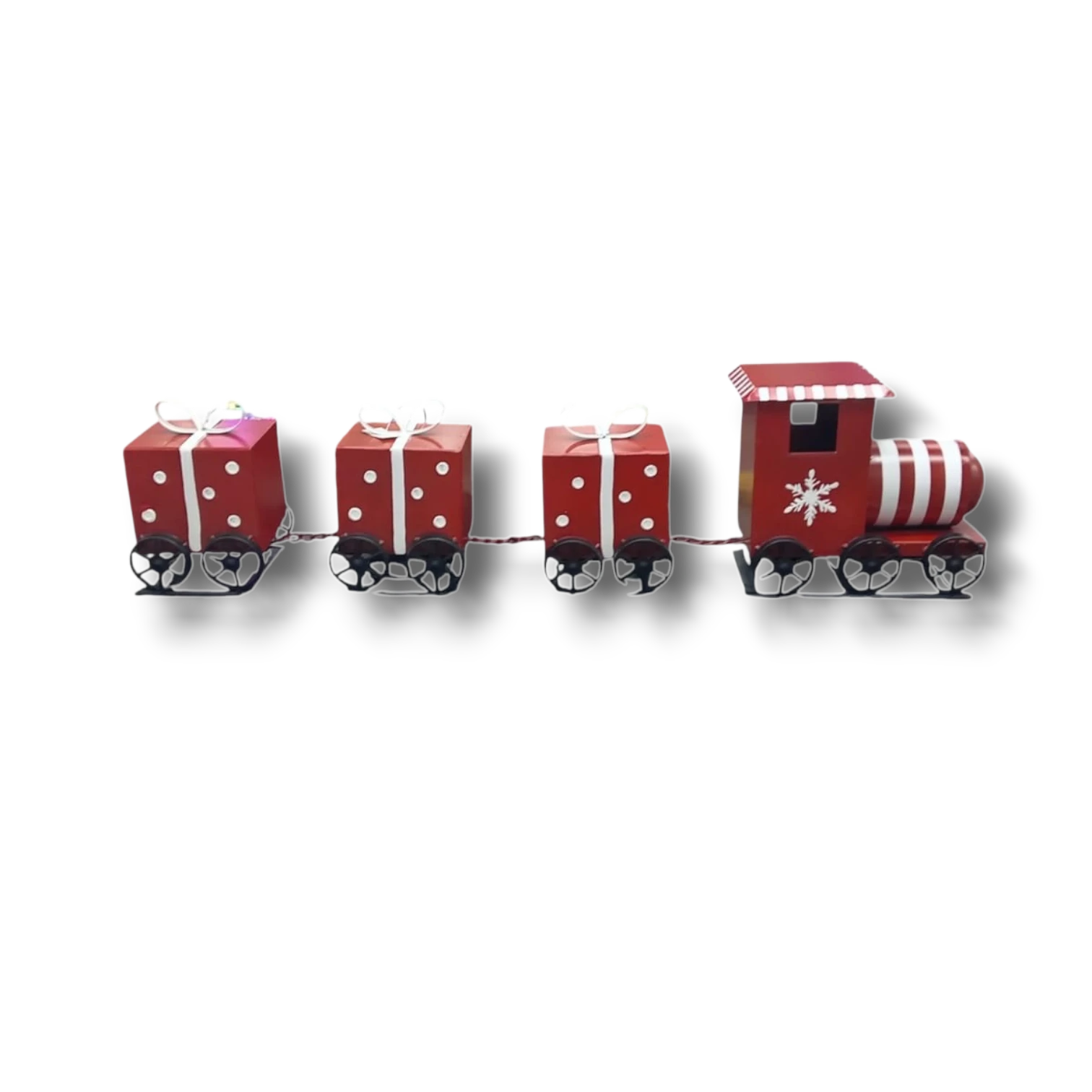 Tren decorativo de metal rojo PartyStore con vagones de regalo y detalles de copos de nieve para Navidad