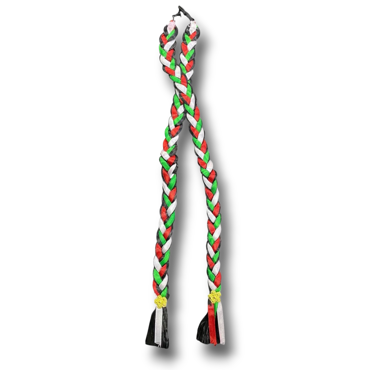 Trenza mediana PartyStore con cintas tricolores en rojo, blanco y verde, ideal para accesorios de fiestas patrias.