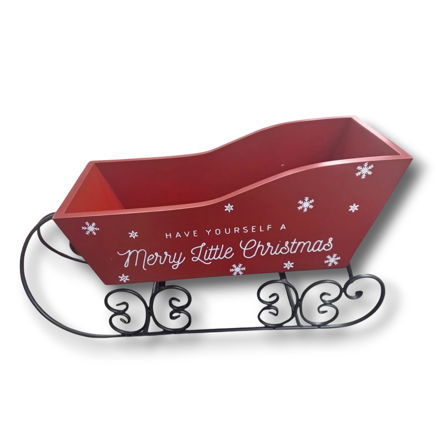 Trineo decorativo de metal rojo PartyStore con diseño de copos de nieve y frase Merry Little Christmas