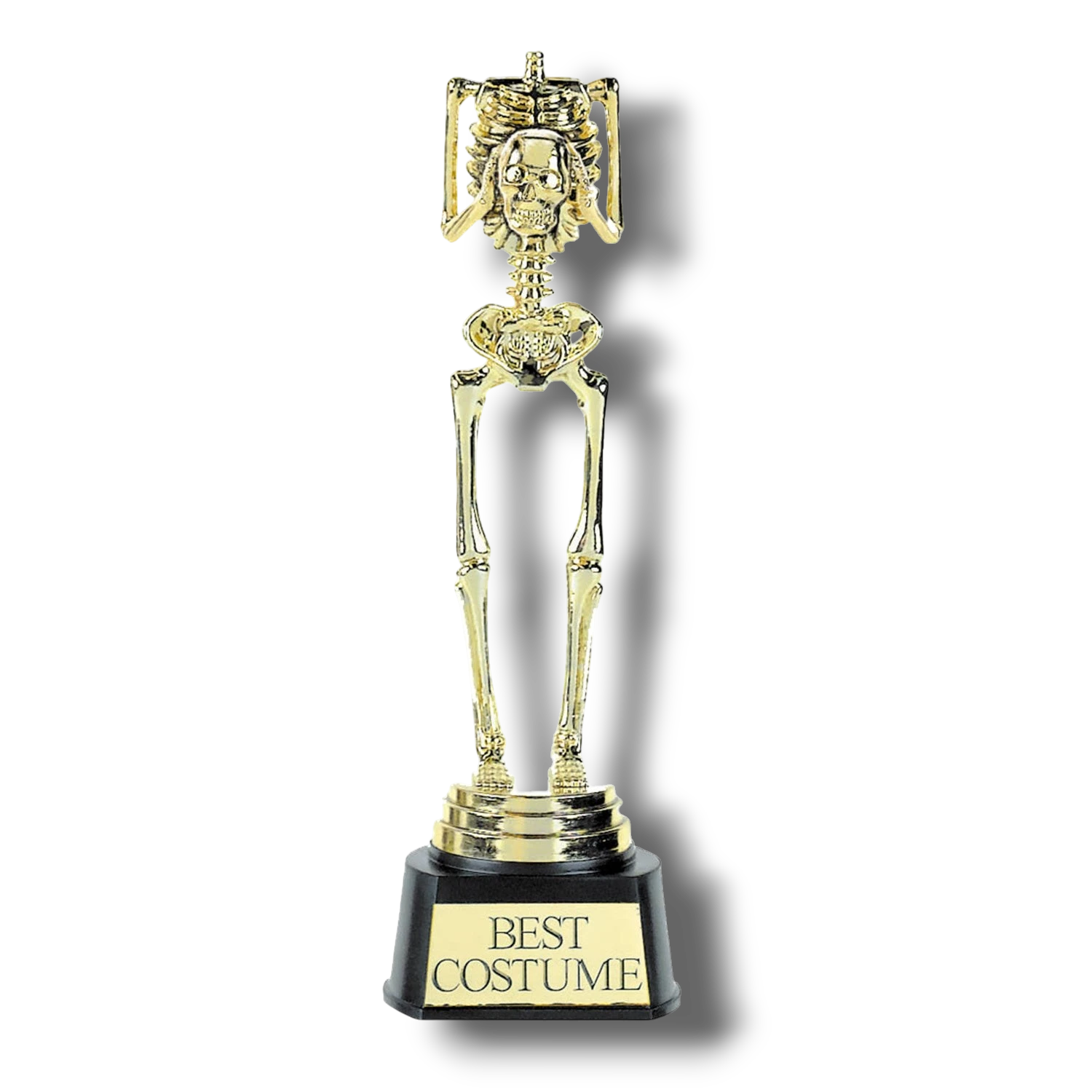 Trofeo PartyStore con figura de esqueleto dorado y placa con la inscripción Best Costume sobre base negra