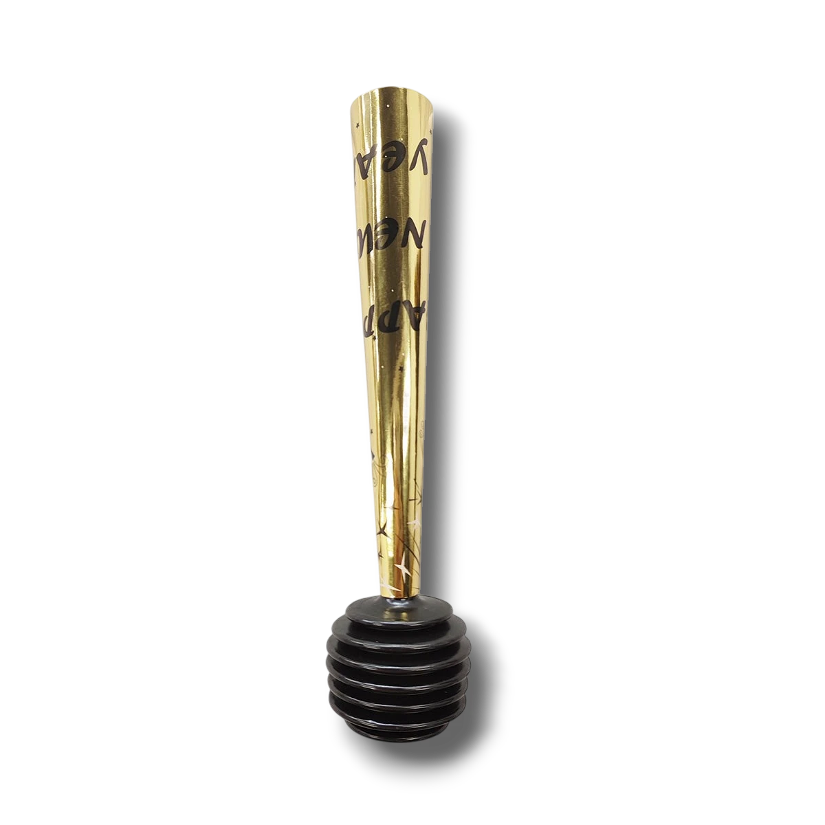 Trompeta de fiesta PartyStore dorada con letras negras Happy New Year y base de fuelle negra para celebraciones