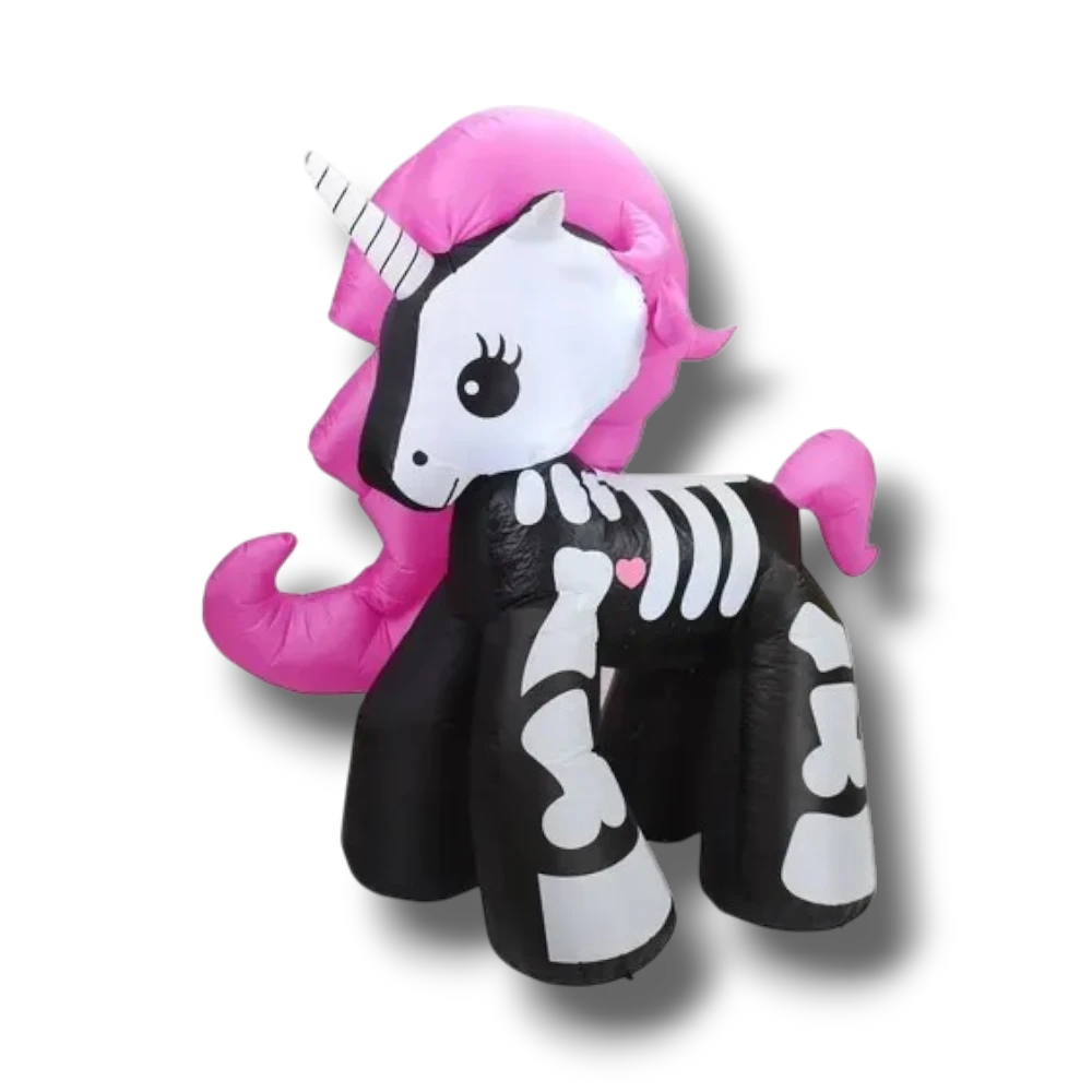 Unicornio inflable PartyStore con diseño de esqueleto, cuerpo negro, crin rosa y cuerno blanco para decoración