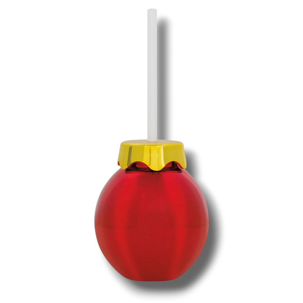 Vaso PartyStore con forma de esfera navideña roja brillante y tapa dorada con popote blanco de 12oz