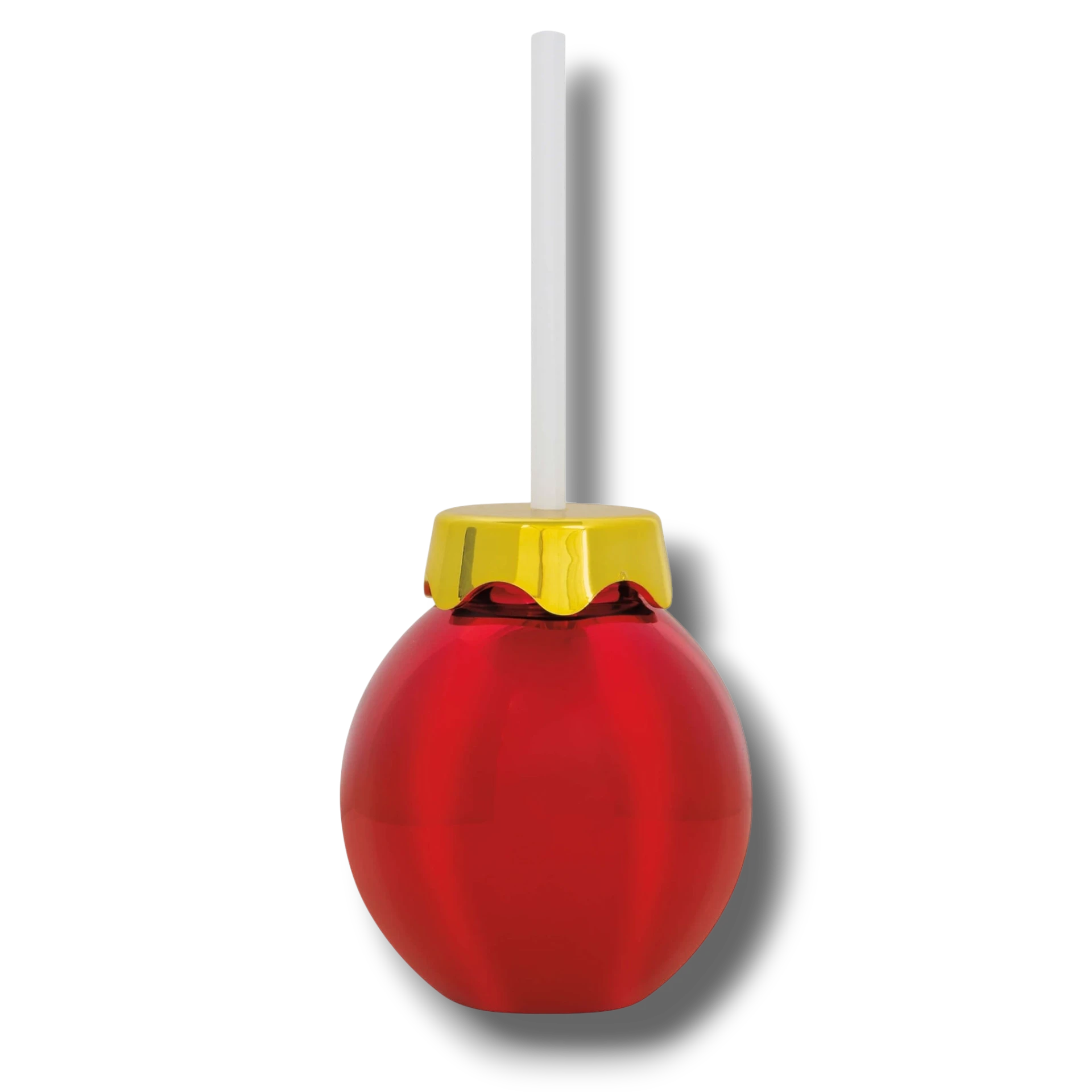Vaso PartyStore con forma de esfera navideña roja brillante y tapa dorada con popote blanco de 12oz